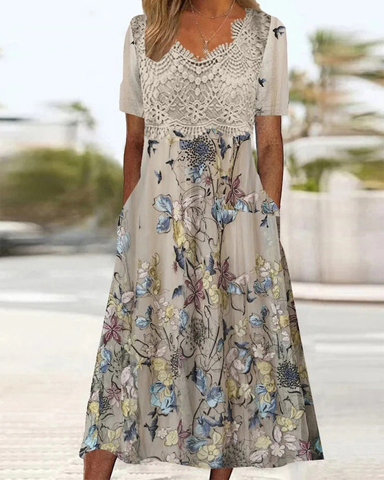Kleid Spitze Patchwork Blume Vogel Print