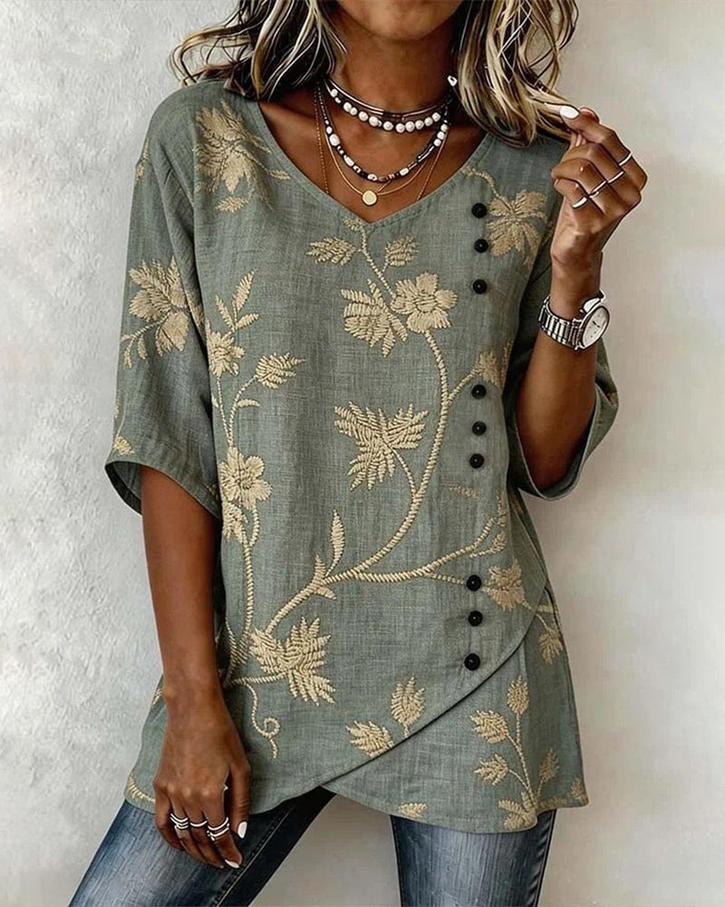 Bluse Blumig V-Ausschnitt Casual