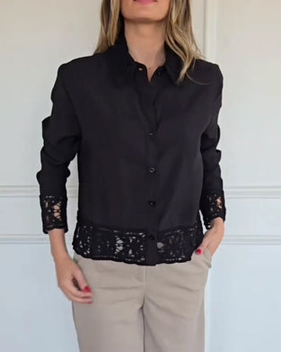 Bluse Revers Saum Spitze Patchwork