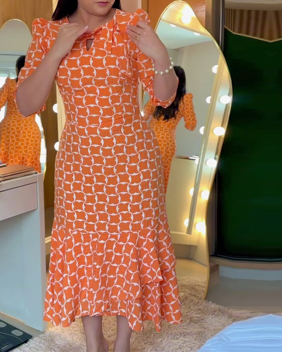 Kleid Halbarm Rundhals Taillenprint