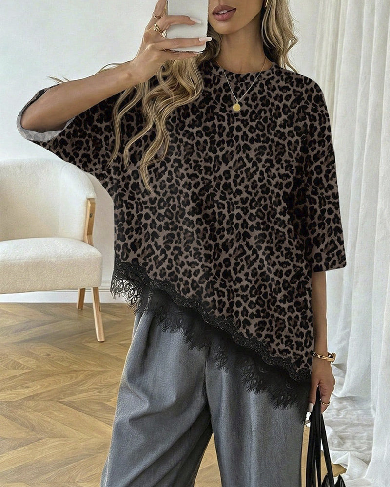 Bluse Asymmetrisch Spitze Zusammengesetzter Saum Kurzarm