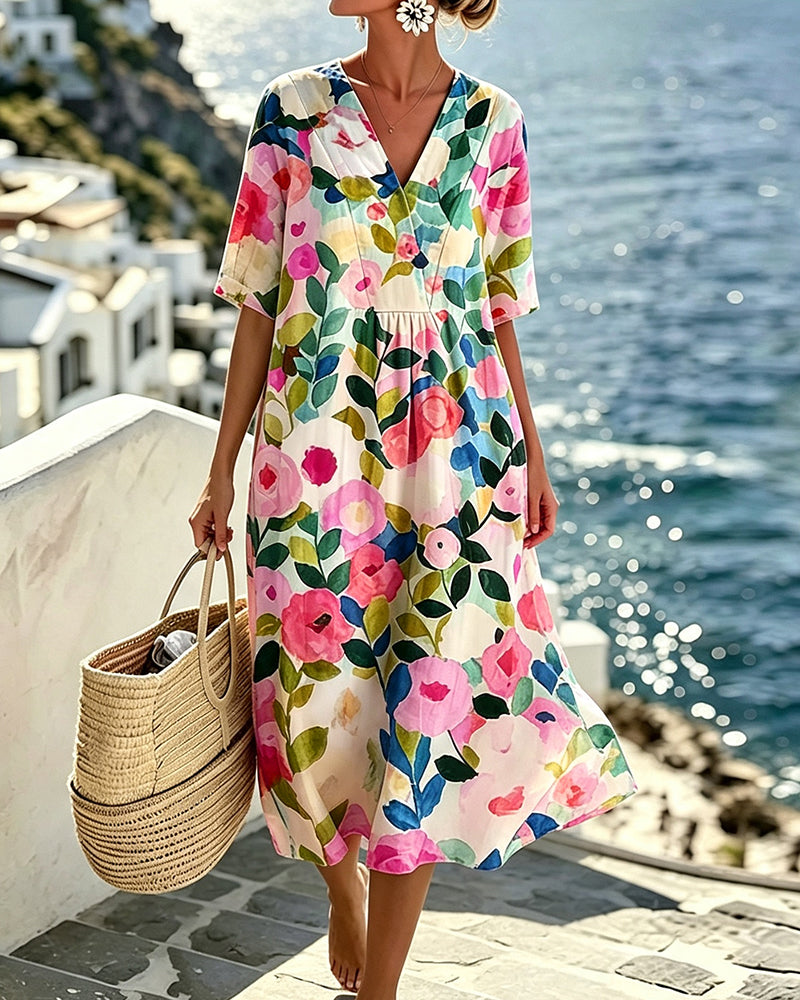 Kleid Aquarell Blumen V-Ausschnitt