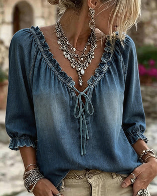 Blusen Denim V-Ausschnitt Binden