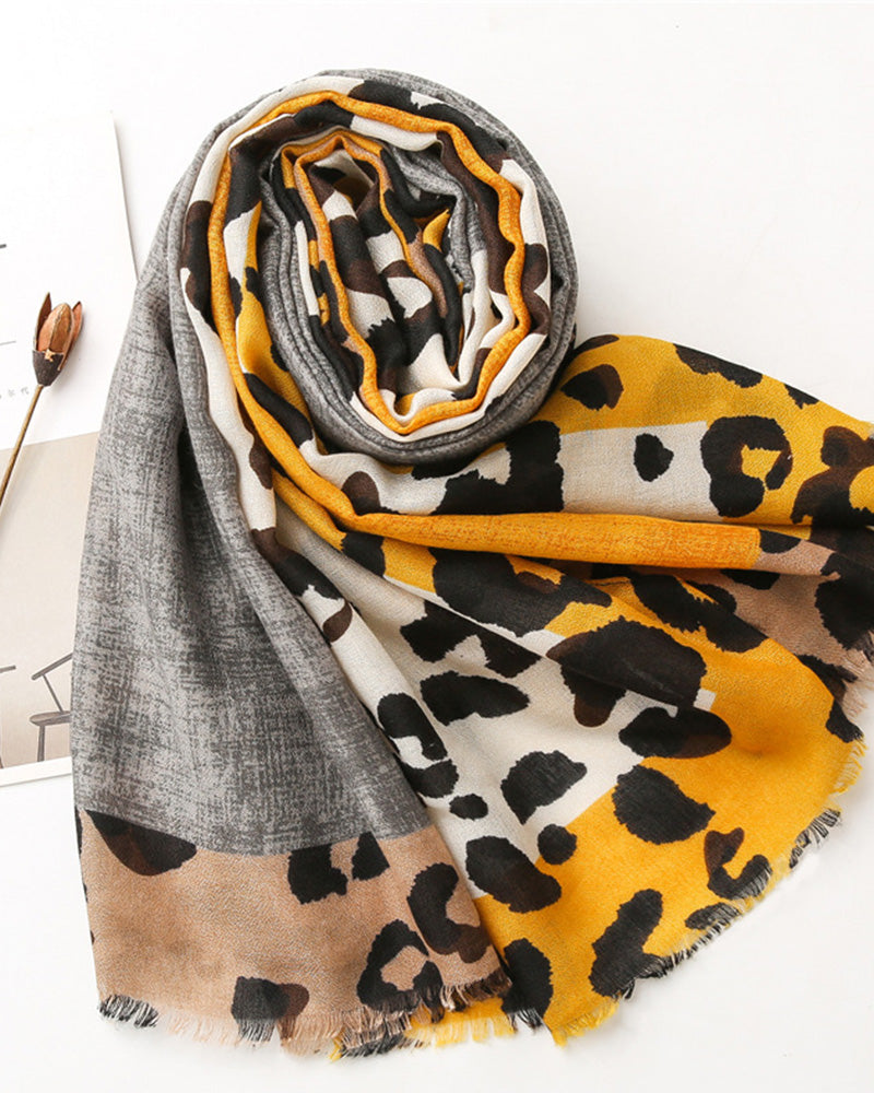 Damen Schal Leopard Patchwork Print Fransen Schal