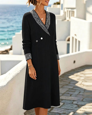 Kleid V-Ausschnitt Farbblock Lässig
