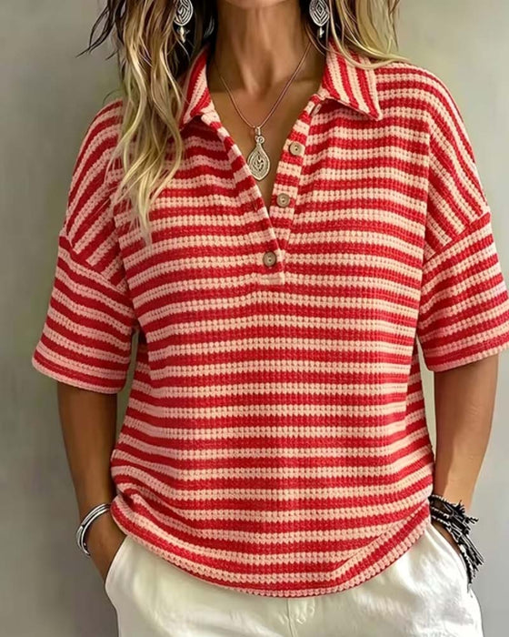Bluse Polo Kragen Gestreift Knopf Vorne