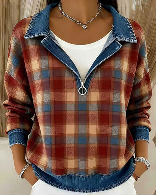 Top Denim Kragen Karo Halb-Reißverschluss