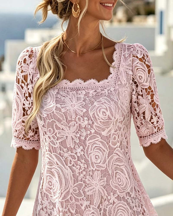 Kleid Spitze Patchwork Ausgeschnitten Quadratischer Ausschnitt