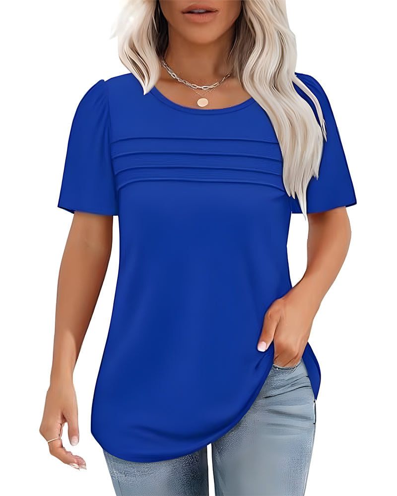 T-Shirt Plissiert Locker Rundhalsausschnitt Kurzarm