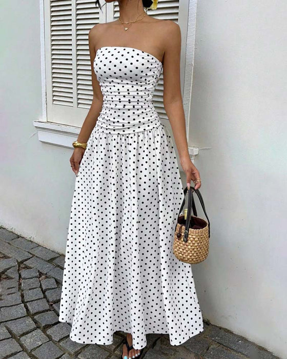 Kleid Tupfen Bandeau A-Linie Lang