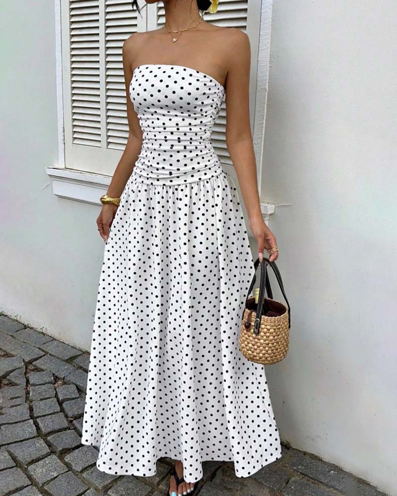 Kleid Tupfen Bandeau A-Linie Lang