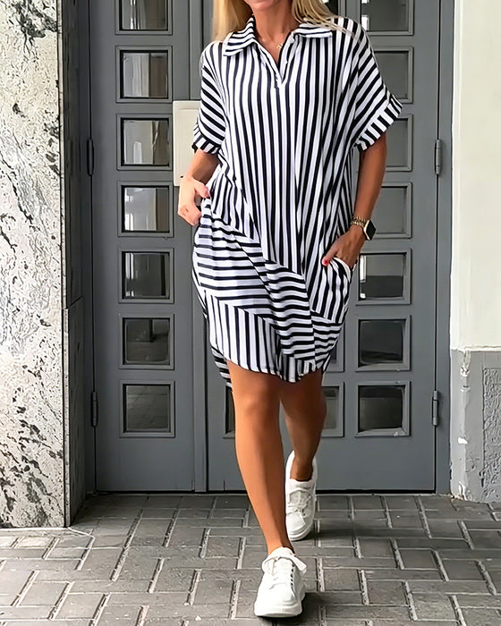Kleid Reverskragen Gestreift Unregelmäßiger Schnitt