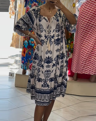 Kleid Rundhalsausschnitt Bedruckt Trompeten Kurze Ärmel