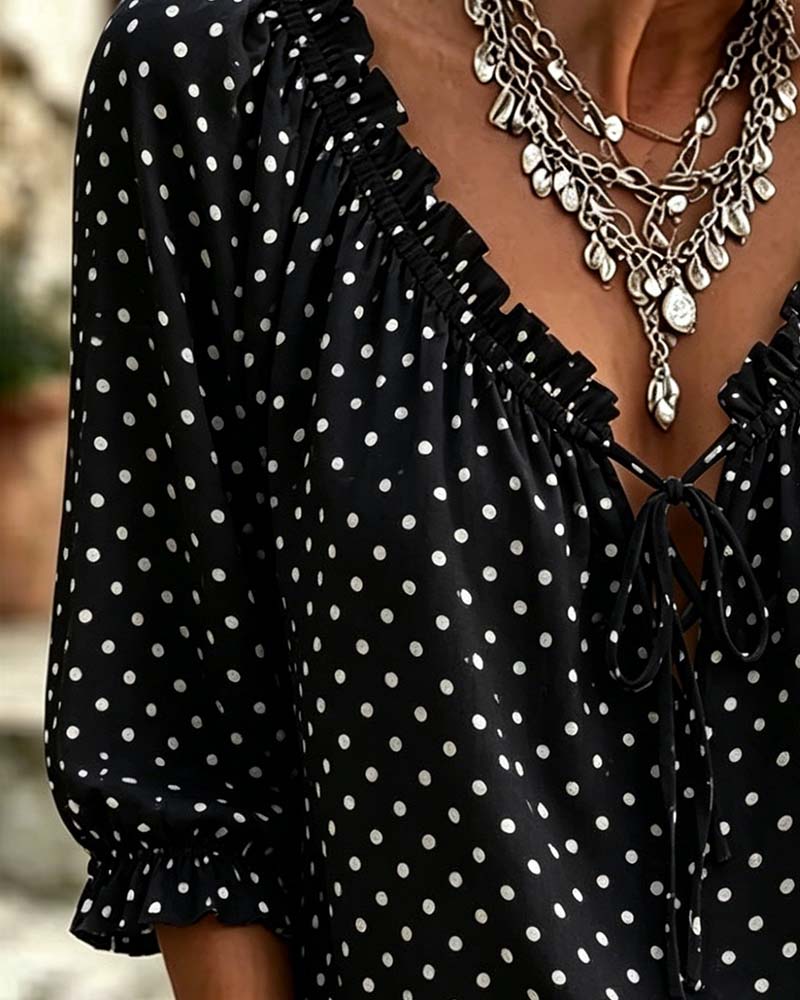 Bluse V-Ausschnitt Rüsche Polka Dot Bindung