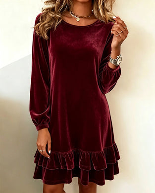 Kleid Rundhals Langarm Rüsche