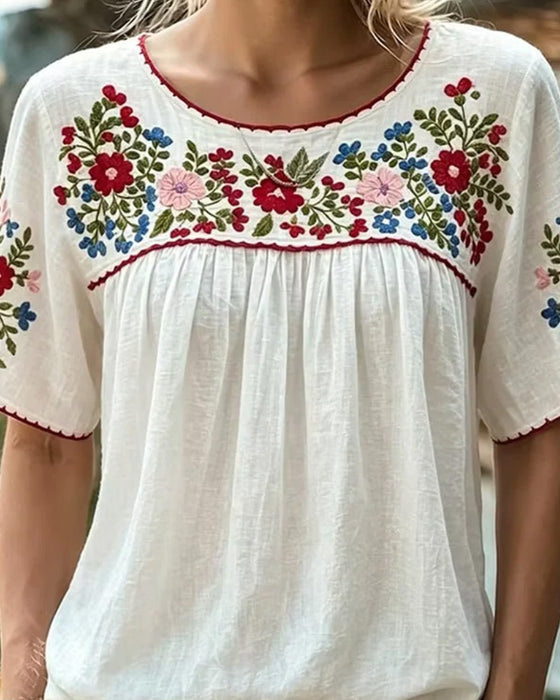 Bluse Rundhals Bestickt Bohemian