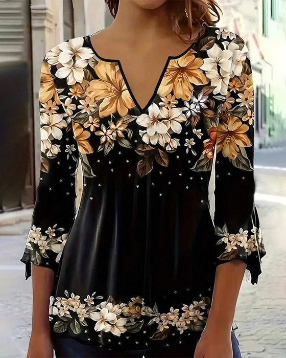 V-Ausschnitt Floral T-Shirt Mit Dreiviertelarm