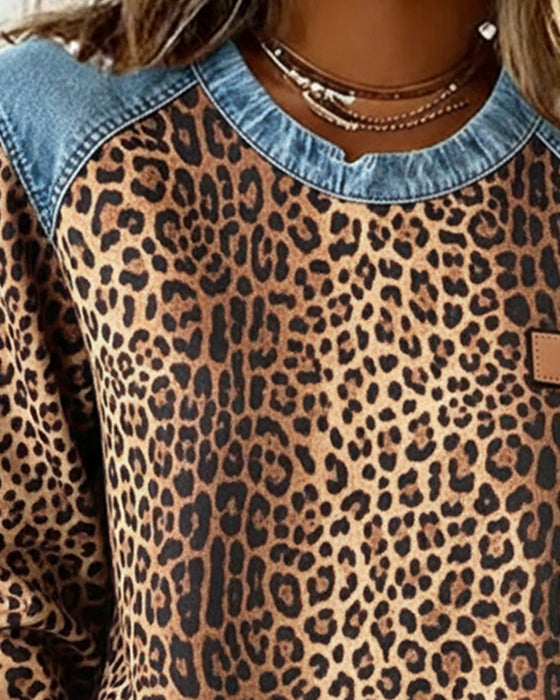 Sweatshirt Leopardenprint Denim Patchwork