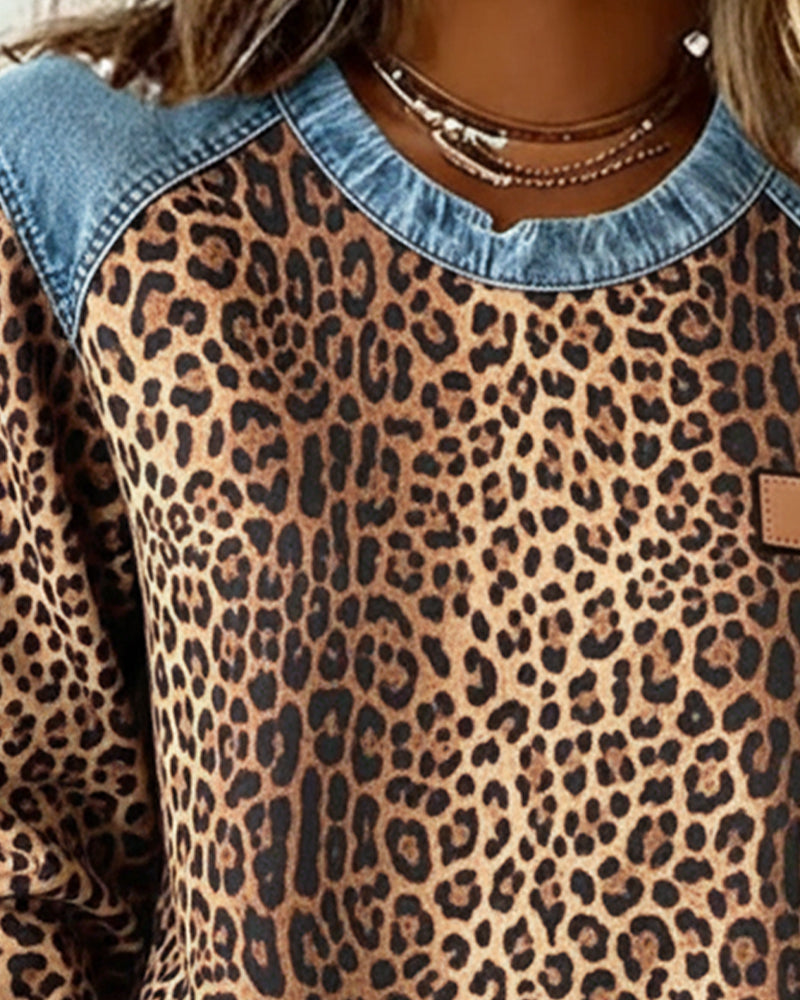 Sweatshirt Leopardenprint Denim Patchwork