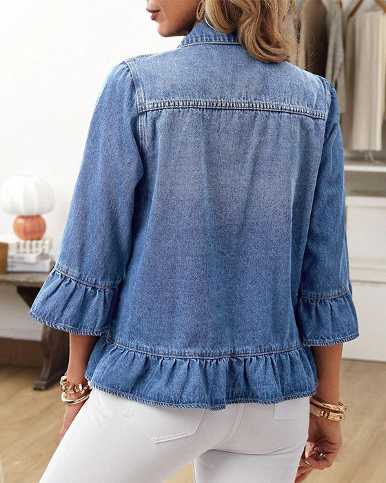 Jacke Flatterärmel Gekürzt Denim