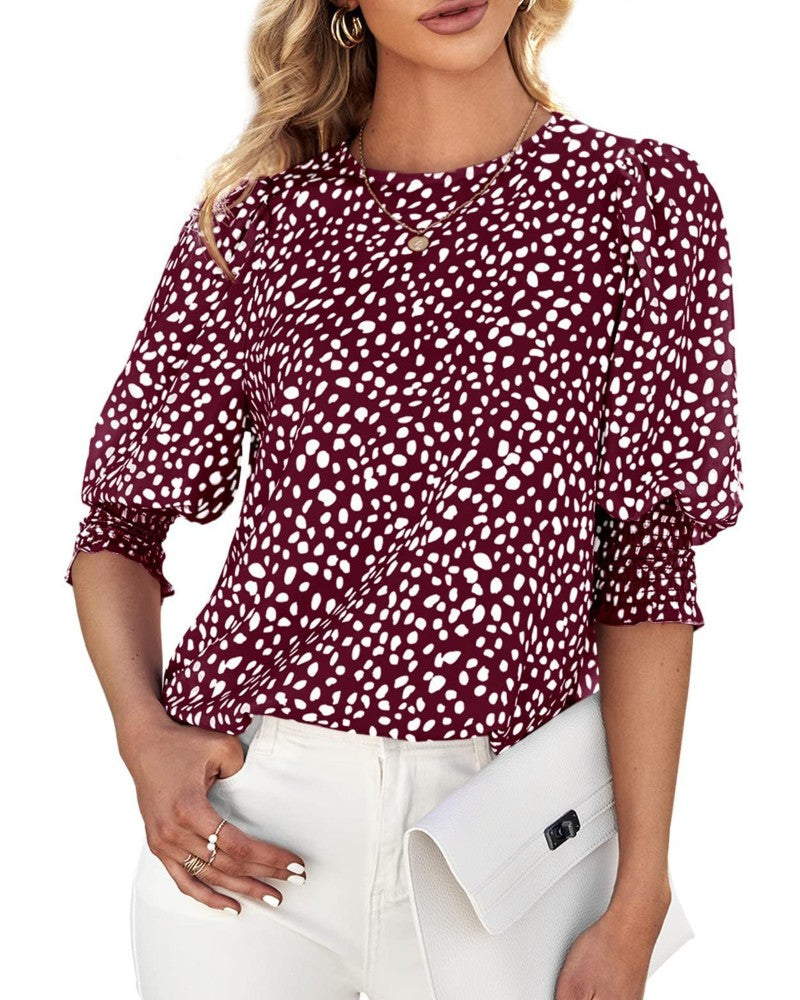 Bluse Blumen Rundhals Gekräuselt Mitte