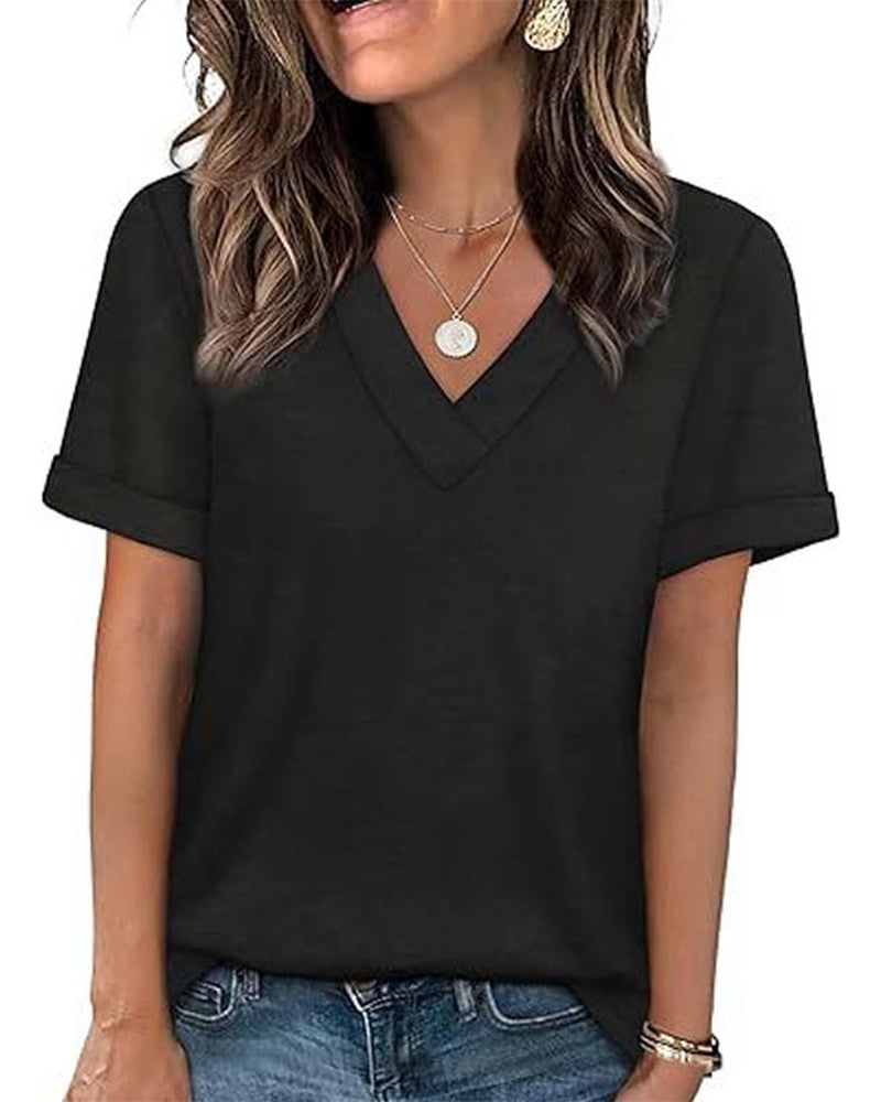 T-Shirt Einfarbig V-Ausschnitt Lässig Kurzarm