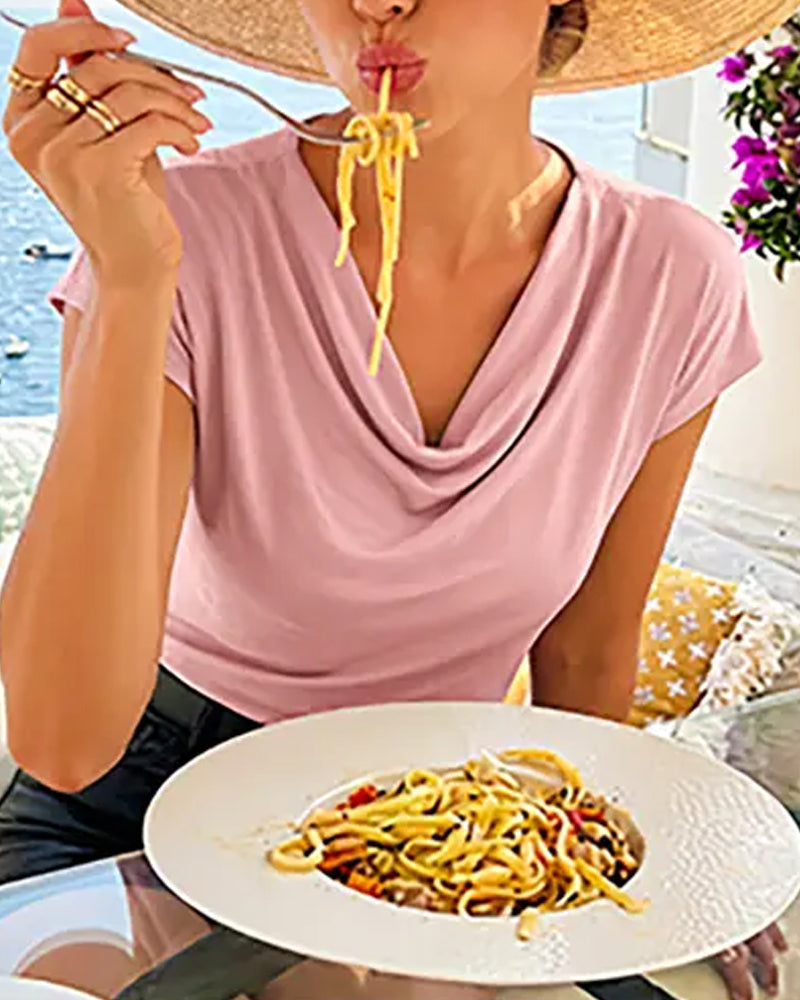 T-Shirt Drapierter Cowl-Neck Kurzarm