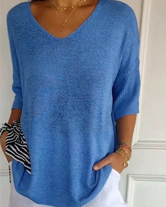 💖 Einfarbiges Strickoberteil Mit V-Ausschnitt