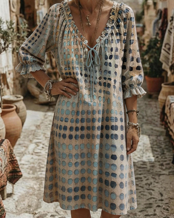 Kleider Blauton Polka Dot V-Ausschnitt