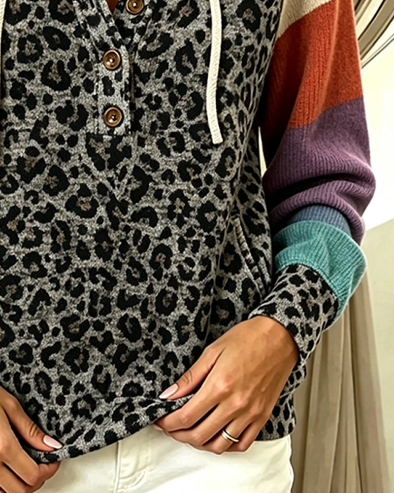Hoodie Leopard Farbblock Knopf