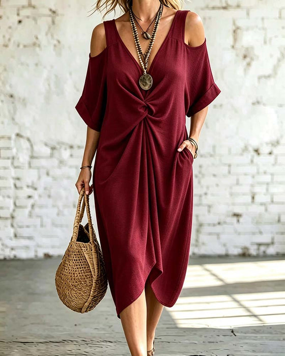 Kleid Einfarbig Kalt Schulter Gekraust