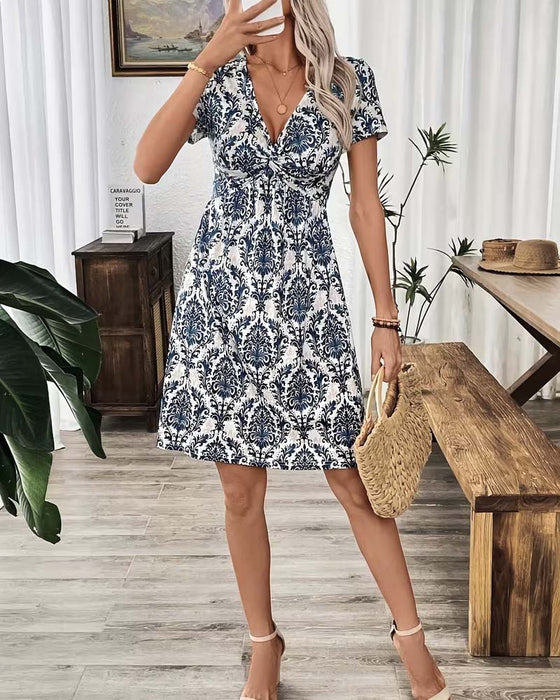 Kleid V-Ausschnitt Gerafft Hohe Taille Bohemian