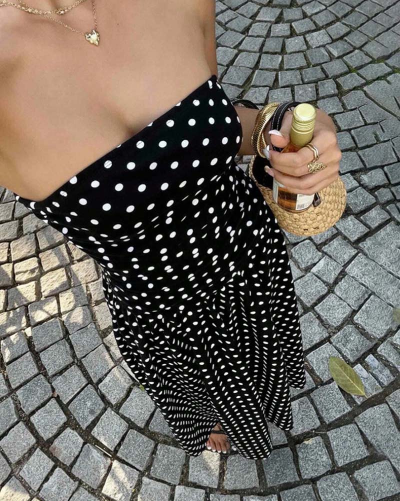 Kleid Tupfen Bandeau A-Linie Lang