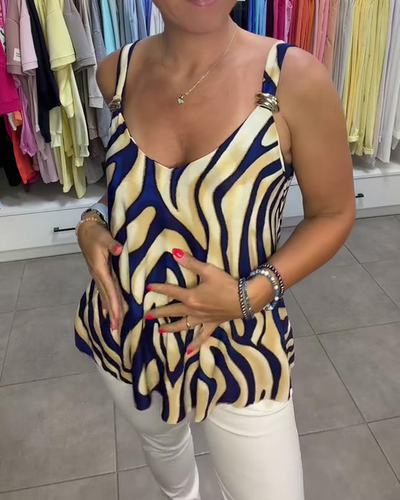 Bluse V-Ausschnitt Träger Zebra Druck Metallknopf