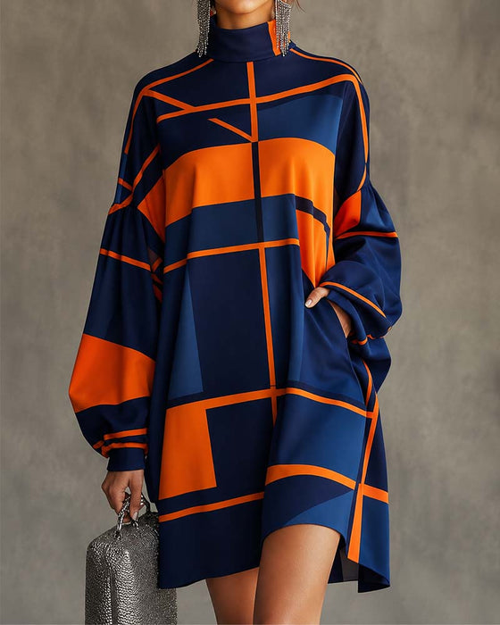 Kleid Kontrastfarbe Rollkragenlaterne Ärmel