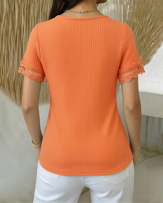 T-Shirt Einfarbig Spitze Kurze Ärmel