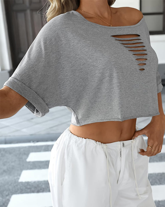 T-Shirts Off-Shoulder Asymmetrisch Zerrissen Umschlagsaum