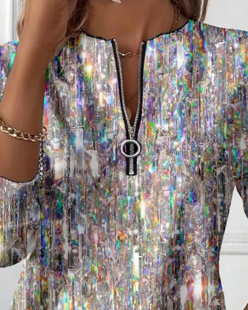 Bedrucktes langärmeliges Sweatshirt mit Halbreißverschluss