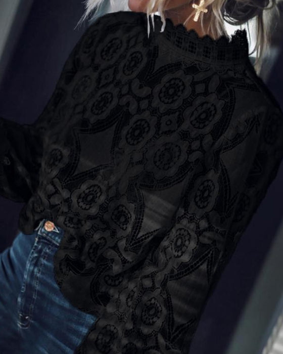Bluse Sexy Durchsichtig Langarm Stehkragen Spitze