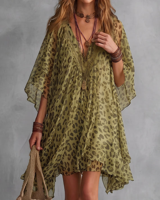 Kleid Unregelmäßig V-Ausschnitt Leopard