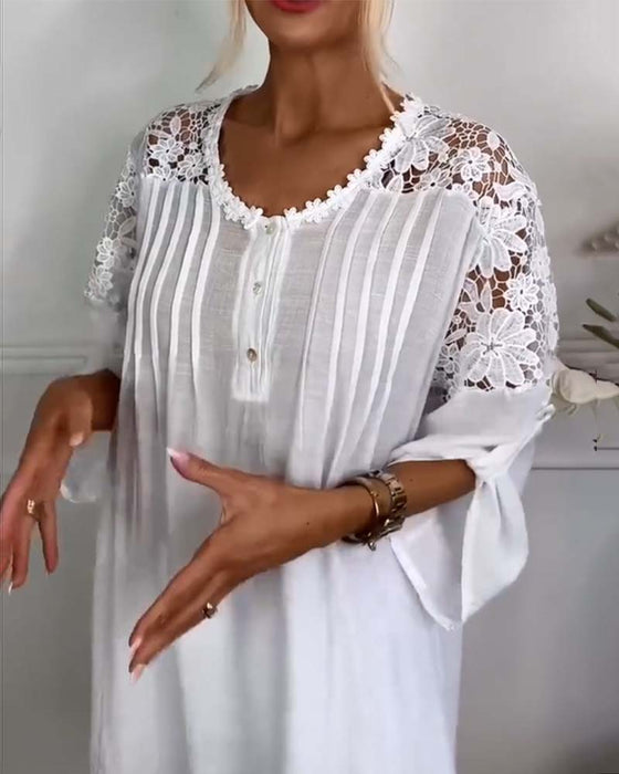 Bluse Rundhalsausschnitt Spitze Patchwork Blumenmuster