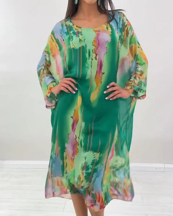 Kleid Rundhals Fledermausärmel Fleckig