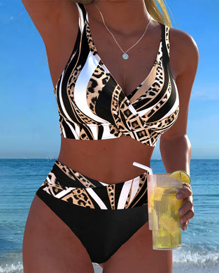 Bikini Hohe Taille Leopardenprint Überkreuz