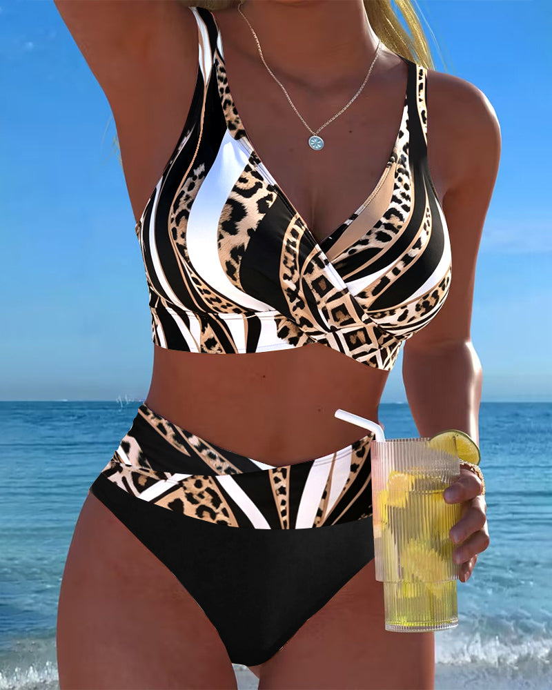 Bikini Hohe Taille Leopardenprint Überkreuz