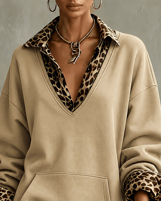 Kleid Kragen V-Ausschnitt Leopardenprint Sweatshirt