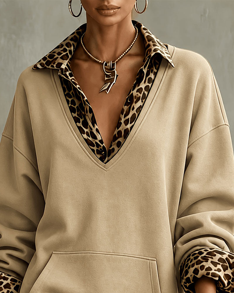 Kleid Kragen V-Ausschnitt Leopardenprint Sweatshirt