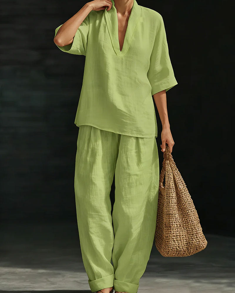 Set V-Ausschnitt Kurz Ärmel Baumwolle Leinen
