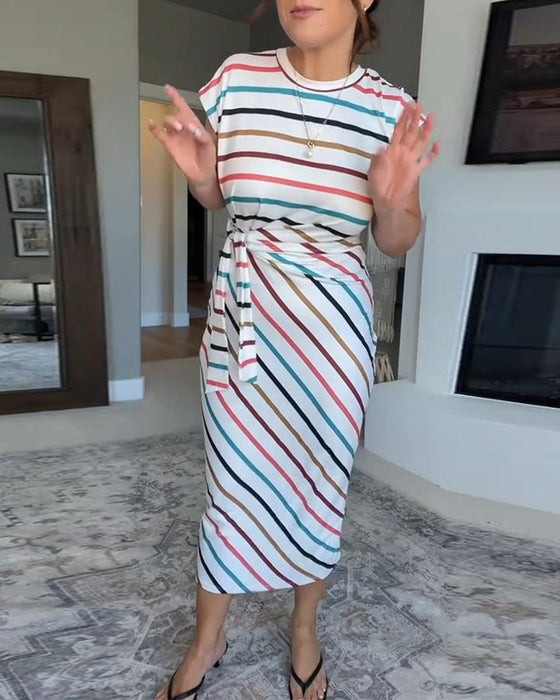Kleid Lässig Bunt Gestreift Taillengürtel