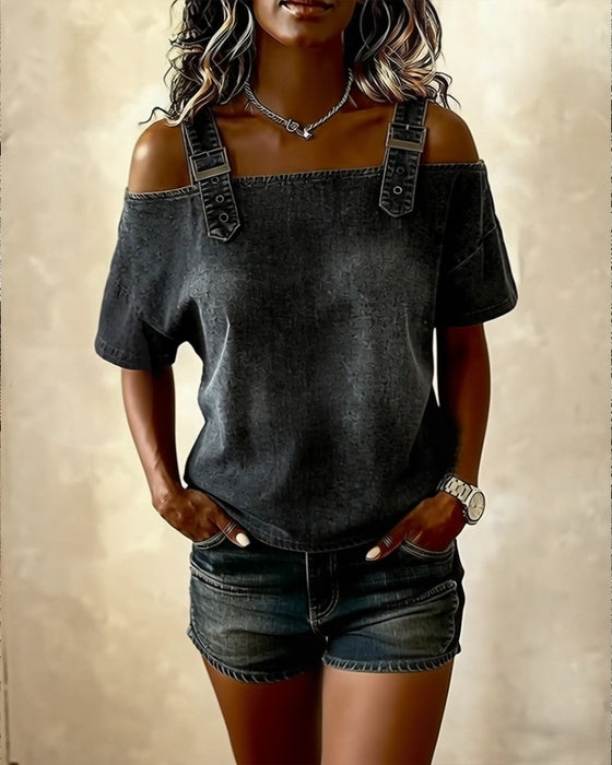 Bluse Off-Shoulder Mit Schulterriemen Denim