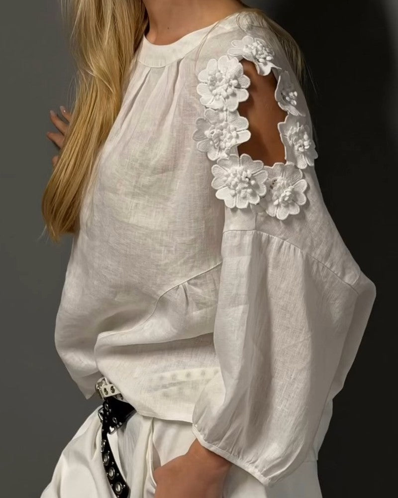 Blusen Rundhals Ausschnitt Off-Shoulder 3D Blumig